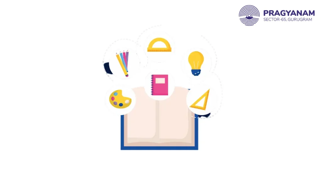 Illustration showing an open book with educational icons above it Illustration showing an open book with educational icons above it